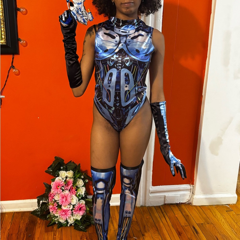 Dolls Kill Blue and Black Futuristic Bodysuit